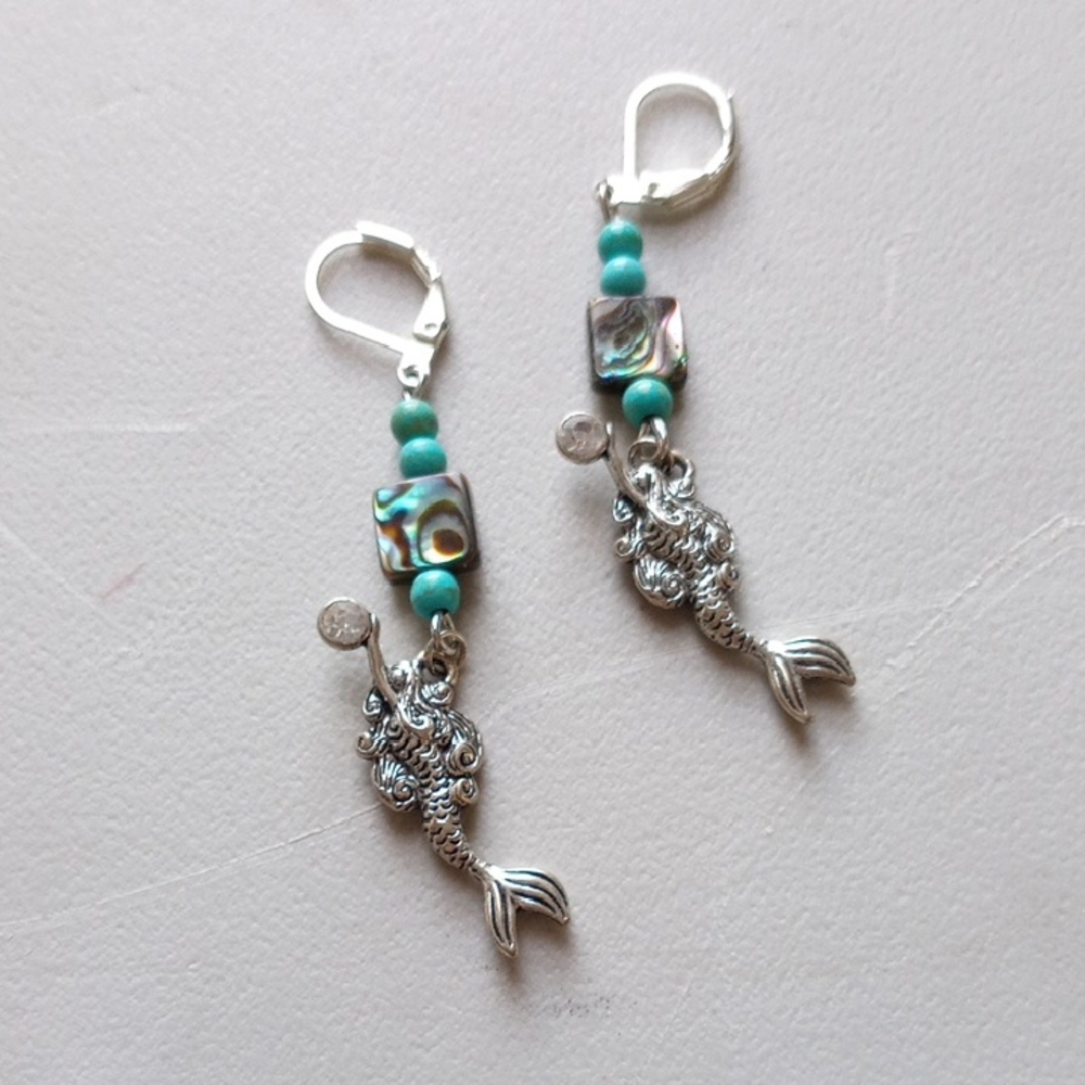 Silver Mermaid Earrings with Turquoise Accents